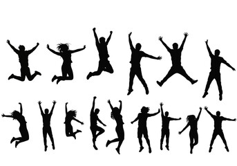 Silhouette Figures Jumping Up and Down Expressing Joy and Freedom in Various Poses Creating a Dynamic Sense of Energy and Unrestrained Enthusiasm Across the Group	