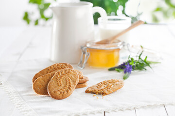 Whole grain cereals cookies. Biscuit with honey and milk, healthy breakfast on white table,