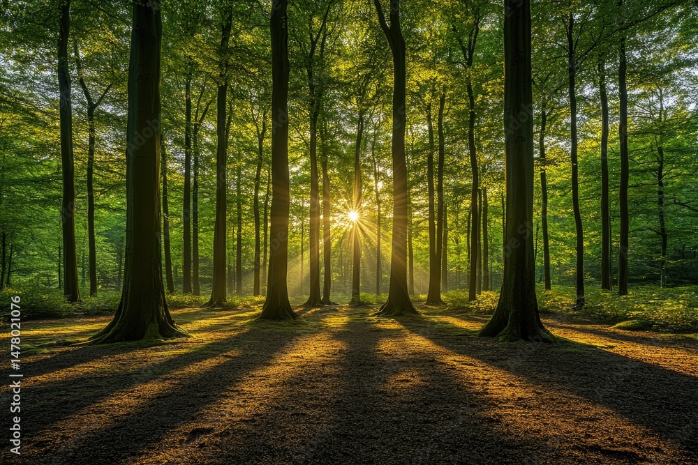 Aufkleber sunlight illuminates the tall trees creating long shadows in a forest