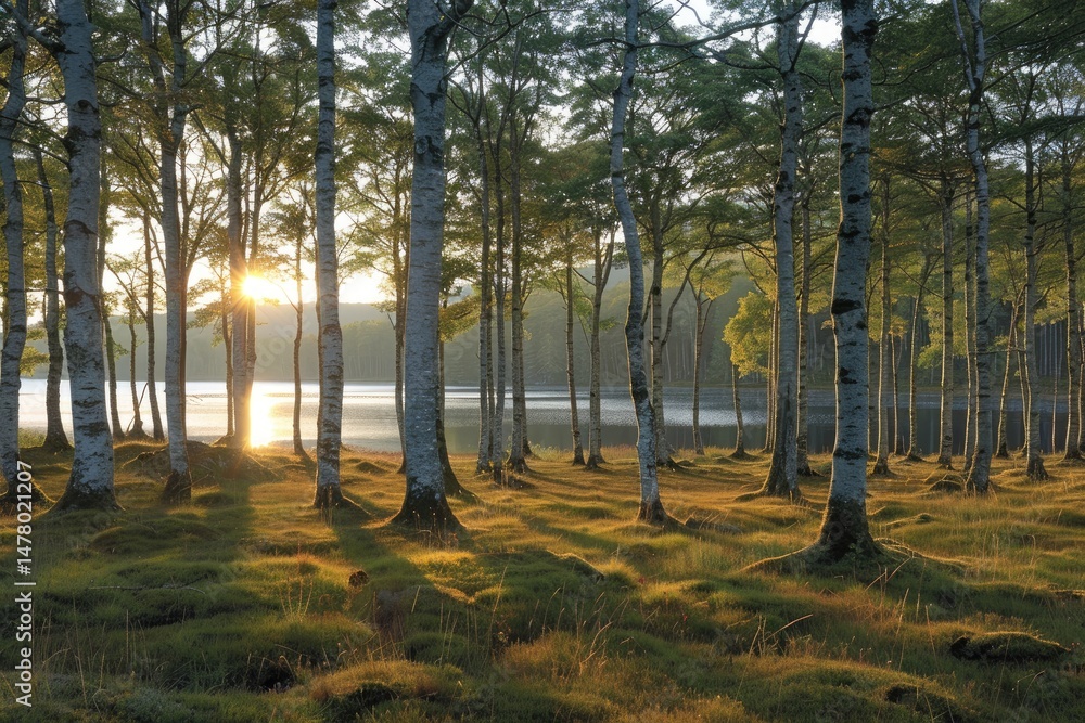 Aufkleber sunlight shines through the forest trees with lake in background