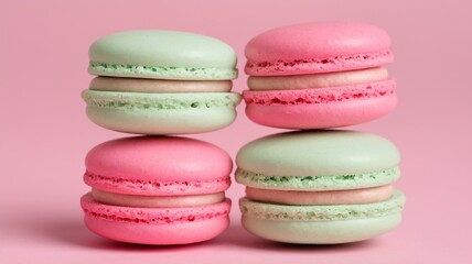 Colorful macaron stacks in pink and green hues against a soft pink background.
