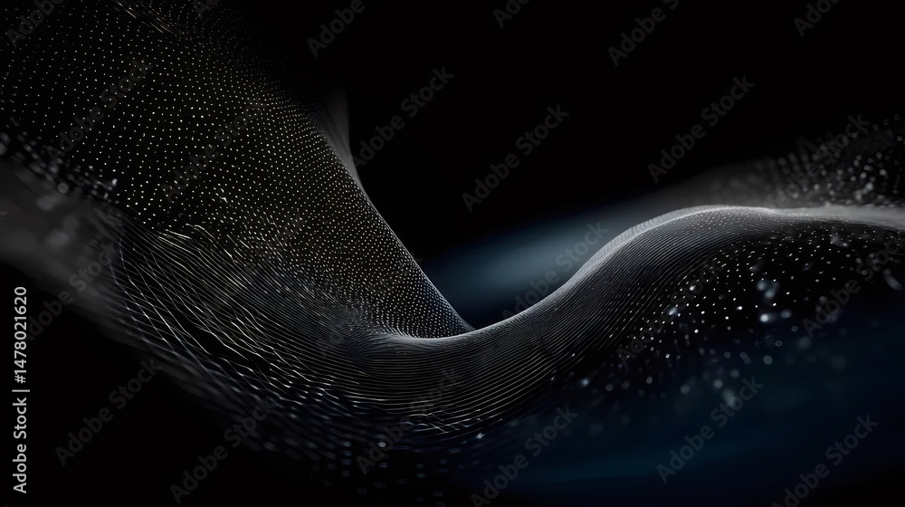Poster abstract wavy mesh of glowing dots in dark background for modern digital art presentation
