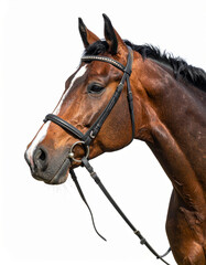 Obraz premium Chestnut horse wearing a bridle posing against white background