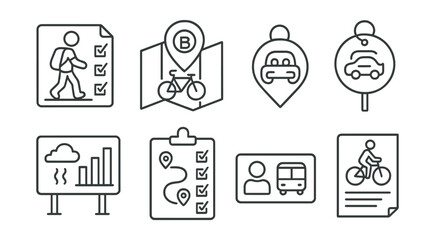 Line style icons of clean air and mobility: walk to school tracker file, bike rack map icon, carpool plan tag, idling-free zone badge, air quality monitor board, safe routes survey chart, student
