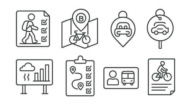 Line style icons of clean air and mobility: walk to school tracker file, bike rack map icon, carpool plan tag, idling-free zone badge, air quality monitor board, safe routes survey chart, student