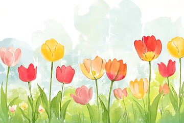 Fototapeta premium Watercolor style illustration of blooming spring flowers