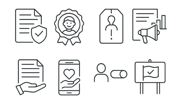 Line style icons of rights and protections on platforms: platform policy file, youth-friendly summary badge, block vs report tag, complaint with backup chart, terms in plain language icon, app with