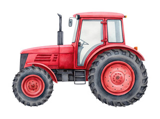 Obraz premium PNG Red farm tractor side view with large wheels and cabin details