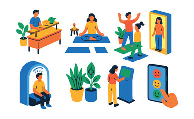 Obraz premium Isometric flat vector set of illustrations of urban wellness center: herbal tea bar, meditation space, movement studio, light therapy booth, stress scan, healing plants, digital check-in, mood