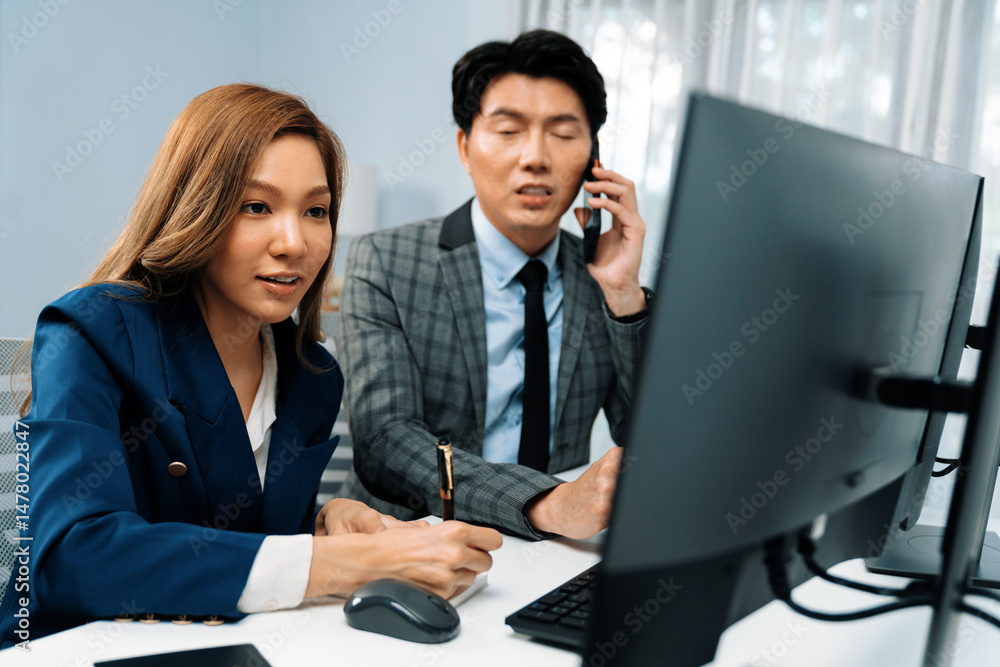 Poster businessman calling with business partner on mobile phone while calculating stock exchange value dat