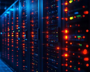 Server racks illuminated at night