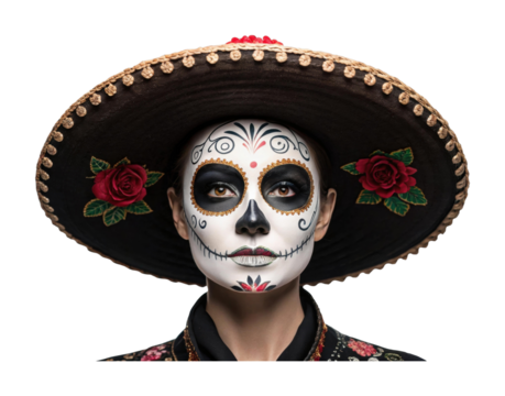 PNG Hispanic female in traditional day of the dead makeup and sombrero