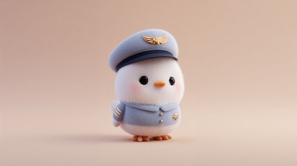 Cute cartoon bird in pilot uniform on beige background
