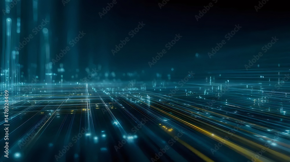 Poster abstract futuristic background of interconnected blue lights illuminating a digital network with mod