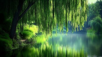 weeping willow beside a tranquil pond