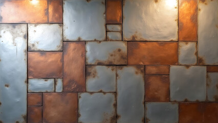 XXL porcelain slab with abstract metal patchwork, mixed metallic collage, artistic industrial texture, HD creative backdrop.