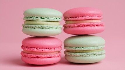 Sweet pastel macaroons stacked on a soft pink background, showcasing vibrant colors and smooth textures.