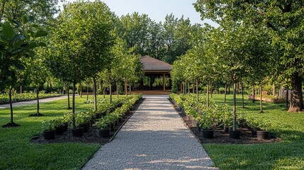 Obraz premium Well-maintained garden path leading to a gazebo.