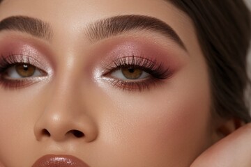 Naklejka premium Close-up of a young woman with striking makeup featuring warm tones and voluminous lashes.
