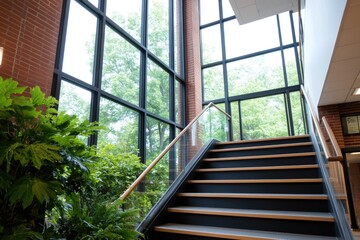 Stairway to natural light interior architecture with green plants and bright windows