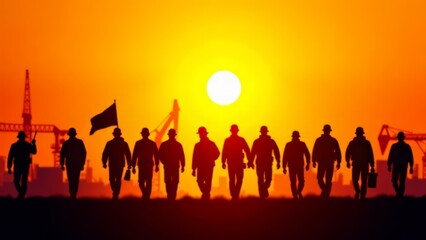 Fototapeta premium workers marching, trade tariffs, backlit sunrise