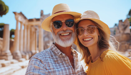 Happy, smiling middle-aged couple exploring ancient Roman city, walking near ruins and standing by a large stone temple with columns on a sunny day. Love, relationships, and travel concept.