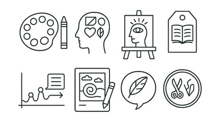 Line style icons of creativity in therapeutic process: color your feelings icon, metaphor collage badge, inner voice art board, therapy zine tag, creative timeline chart, “draw your session” file,