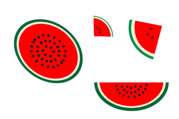 Flat vector illustration of watermelon slices and whole cross-section. Bright, juicy, and minimal design. Ideal for summer themes, food labels, menus or fresh fruit visuals. PNG isolated background