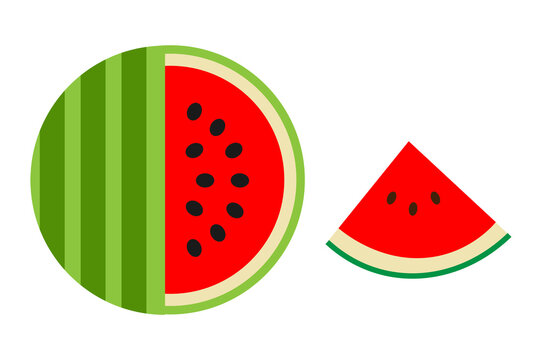 Fun, minimal watermelon vector illustration featuring a whole fruit with green striped rind and a red, seeded interior, alongside a triangular watermelon slice, isolated on a white background. PNG 