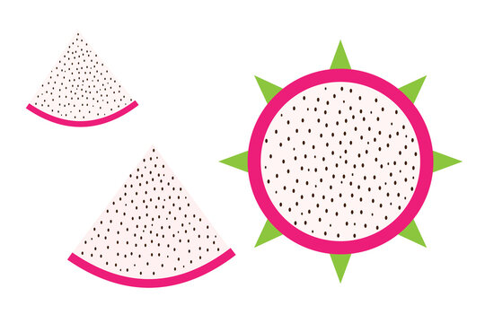 Flat vector illustration of dragon fruit (pitaya) whole and sliced. Vibrant pink skin and white flesh with black seeds. Perfect for tropical, exotic, healthy food or summer-themed designs. PNG format