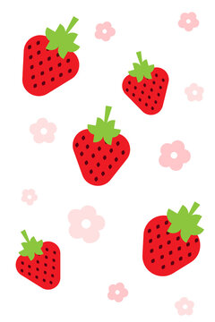 Fototapeta Cute strawberry illustration with vibrant red berries and pink flowers on white background. Playful fruit design with green leaves. Summer food perfect for packaging, textiles, and children's designs