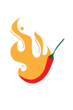 Spicy red chili pepper with stylized orange flame, symbolizing hot and spicy food, heat, and fiery flavor. Isolated on white background. Perfect for food, restaurant, or spice concepts. PNG 