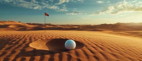 Golf ball in sand trap on sunny day