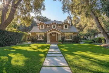 Front View of TwoStory House with Wood Shingle Siding and Cement Paver Walkway