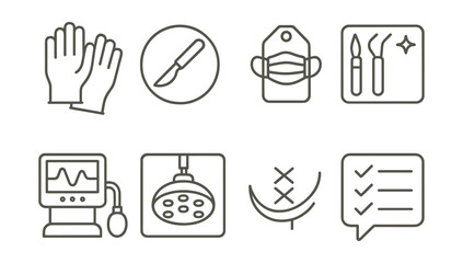 Line style icons of surgery and procedures: surgical gloves icon, scalpel badge, surgical mask tag, sterile tray file, anesthesia machine board, operating light chart, sutures symbol, surgical
