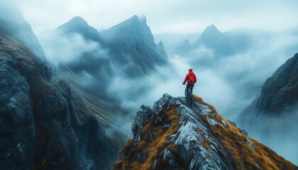 Adventurous mountain biker descending rugged trail steep rocky slope wearing red jacket and helmet. Bold silhouette against expansive misty mountains. Active lifestyle, freedom nature's beauty concept
