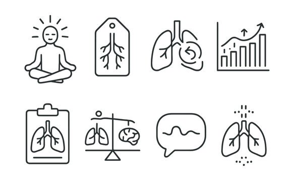 Line style icons of breath and nervous system: activate calm icon, vagus nerve tag, breath reset badge, parasympathetic file, breath for safety chart, sympathetic balance board, steady rhythm bubble,