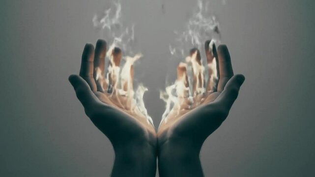 Realistic close-up of human palms engulfed in flames, intense and mystical, against a dark dramatic backdrop