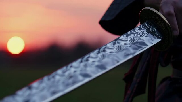 Samurai holding katana sword at sunset