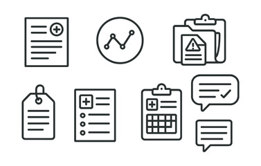 Line style icons of clinical documentation: medical notes icon, daily charting badge, symptom tracker file, diagnosis summary board, SOAP note tag, medication list sheet, nursing log chart, care