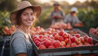 Smiling young woman carrying a box of freshly picked red apples, dressed in casual work clothes and a hat. Warm, golden late afternoon light, with workers harvesting apples in the background.