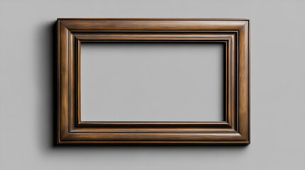Fototapeta premium Horizontal empty brown wooden frame on gray background mockup for artwork display showcase and picture template for interior