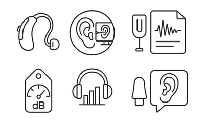Line style icons of hearing and audiology: hearing aid icon, ear canal scan badge, sound test file, tuning fork board, decibel meter tag, headphone screening chart, ear plug symbol, hearing report