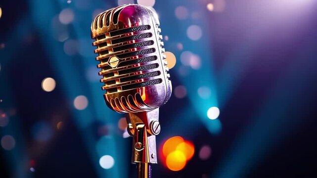 Elegant vintage microphone video with warm glow and bokeh lights. Music performances, karaoke events, or retro entertainment promotions. 