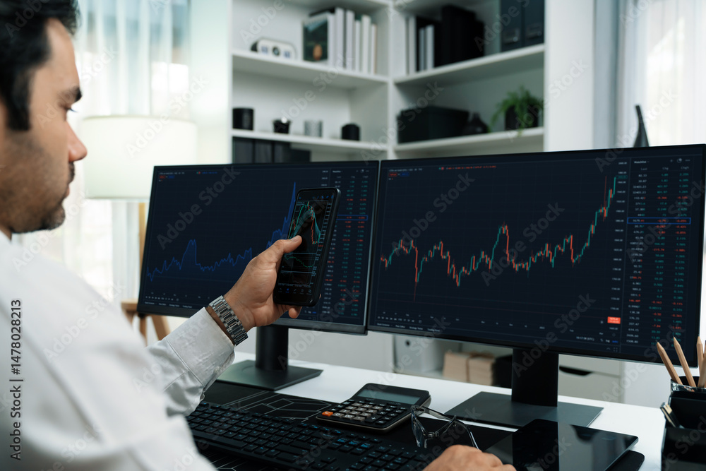 Poster trader businessman searching on smartphone, analyzing in dynamic stock exchange investment screen on