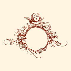 An Artistic Glimpse: A romantic and delicate drawing featuring an angel, flowers, and intricate floral frame, perfect for evoking a sense of nostalgia and beauty.