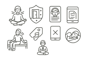 Line style icons of meditation for sleep: bedtime breath icon, quiet room badge, guided drift file, tension release board, wind-down playlist tag, screen off reminder chart, sleep posture bubble,