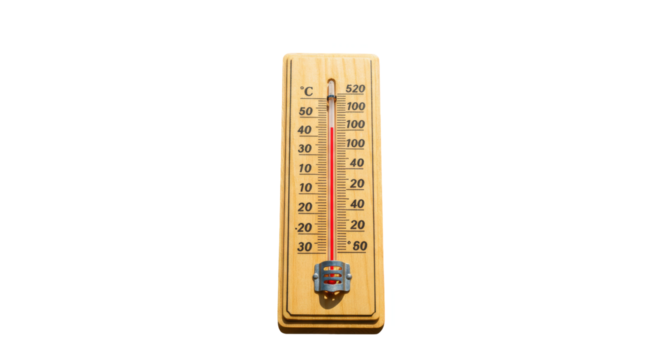 Wooden Celsius and Fahrenheit scale thermometer isolated on transparent background, PNG 