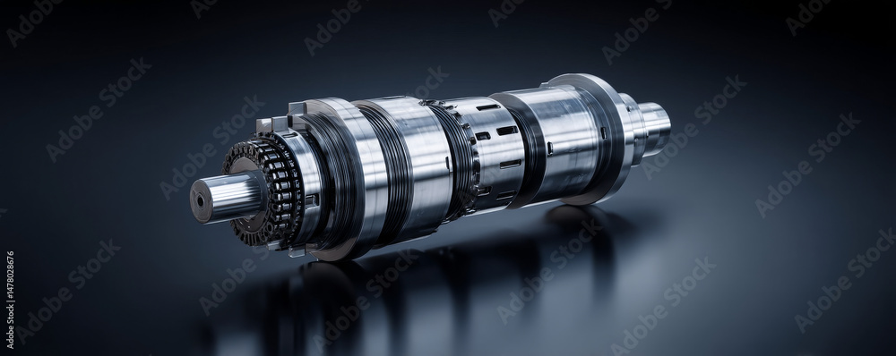 Poster close-up of a mechanical gearbox component on a dark reflective surface.