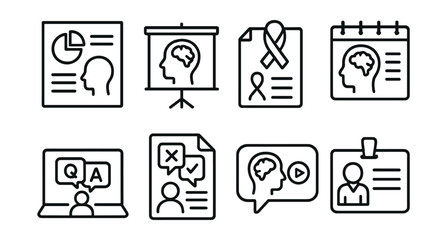 Line style icons of psychoeducation and outreach: infographic page icon, psychoeducation slide badge, flyer for awareness tag, mental health week board, Q&A session chart, myth vs truth file,